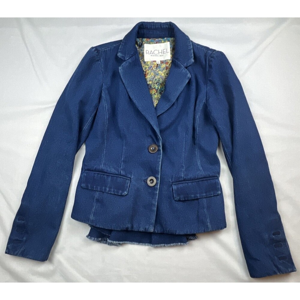 Rachel Rachel Roy Destressed Denim Peplum 2 Button Jacket Size 4